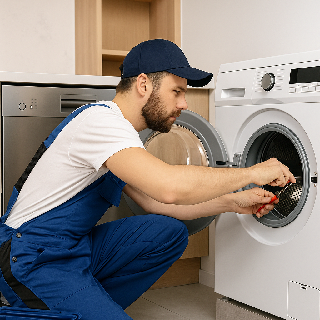 Técnico realizando manutenção em geladeira moderna — AL Serviços